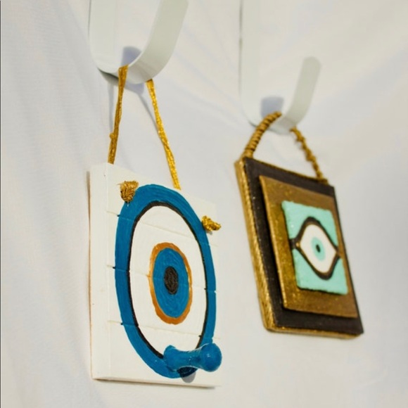 Deep Blue & Metallic Gold Evil Eye Painting on Wood Block with Knob & Gold Rope - Picture 6 of 7